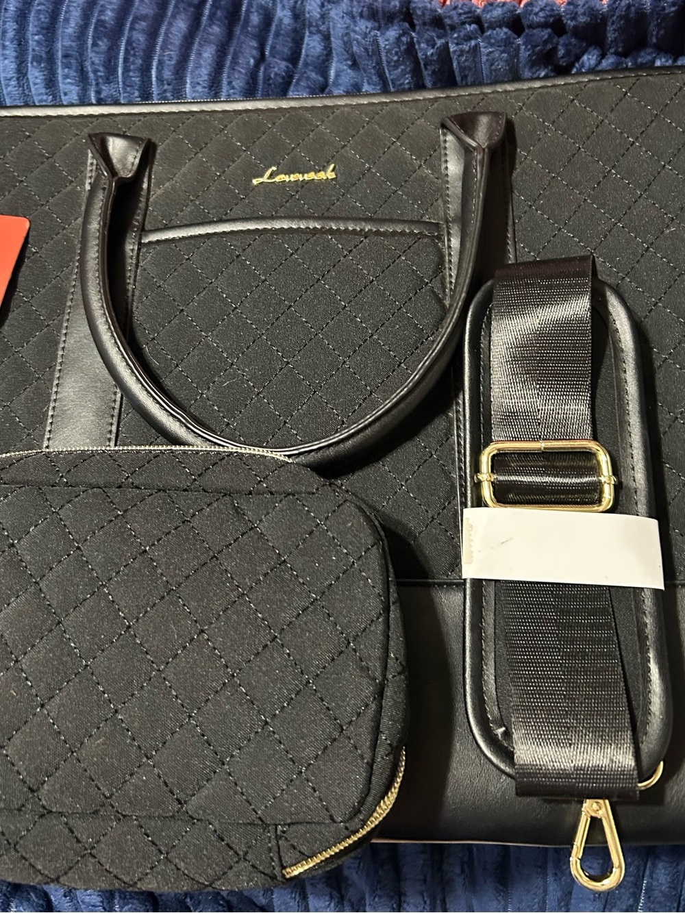 Lovevook Black Quilted Laptop Tote with Removable Strap